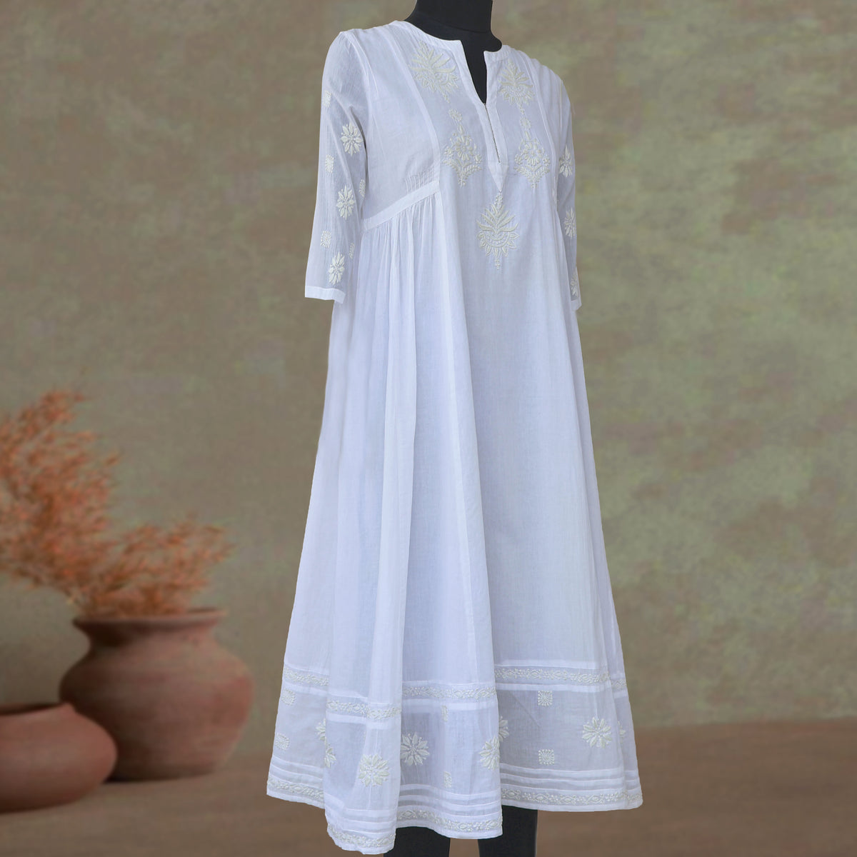 BAANI Cotton Hand Embroidered Long Dress, Kurta: Made to Order/Customizable