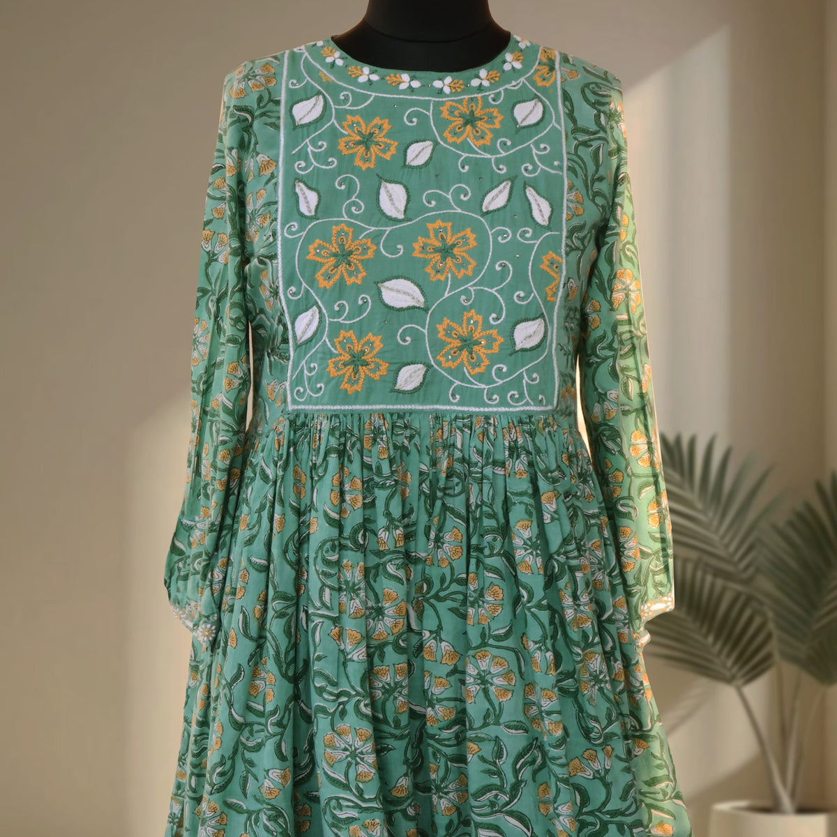 BHAVIKA Cotton Block Print Hand Embroidered Long Dress, Kurta: Made to Order/Customizable