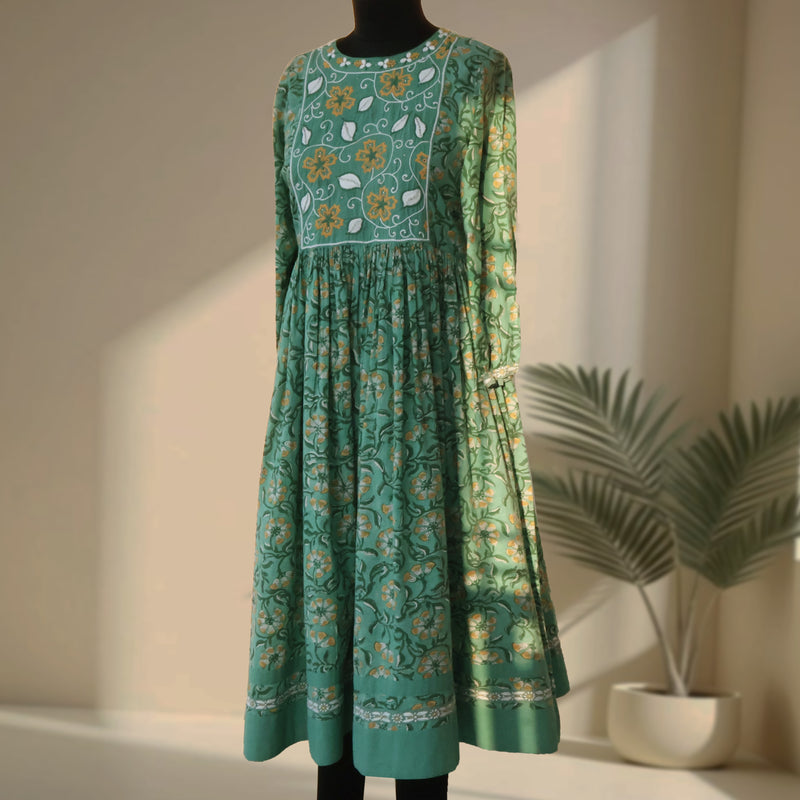 BHAVIKA Cotton Block Print Hand Embroidered Long Dress, Kurta: Made to Order/Customizable