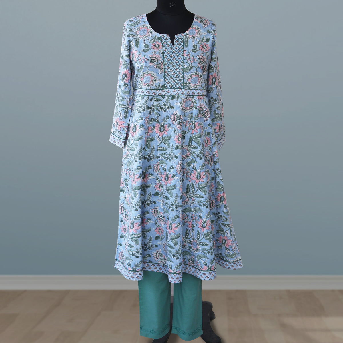 KAAYA Cotton, Jaipuri Block Print with Hand Embroidered Kurta Dress and Pant
