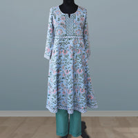 KAAYA Cotton, Jaipuri Block Print with Hand Embroidered Kurta Dress and Pant