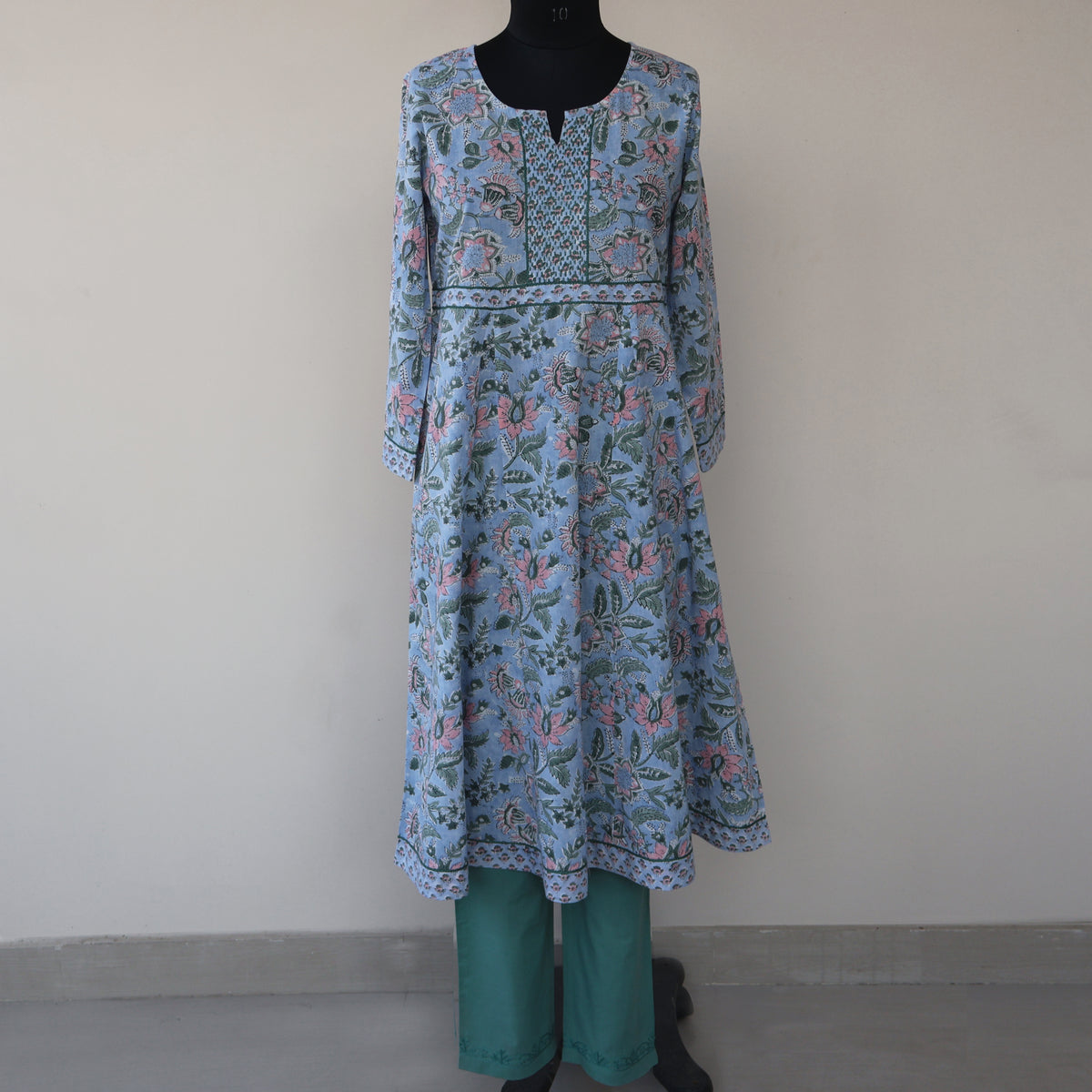 KAAYA Cotton, Jaipuri Block Print with Hand Embroidered Kurta Dress and Pant