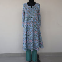 KAAYA Cotton, Jaipuri Block Print with Hand Embroidered Kurta Dress and Pant