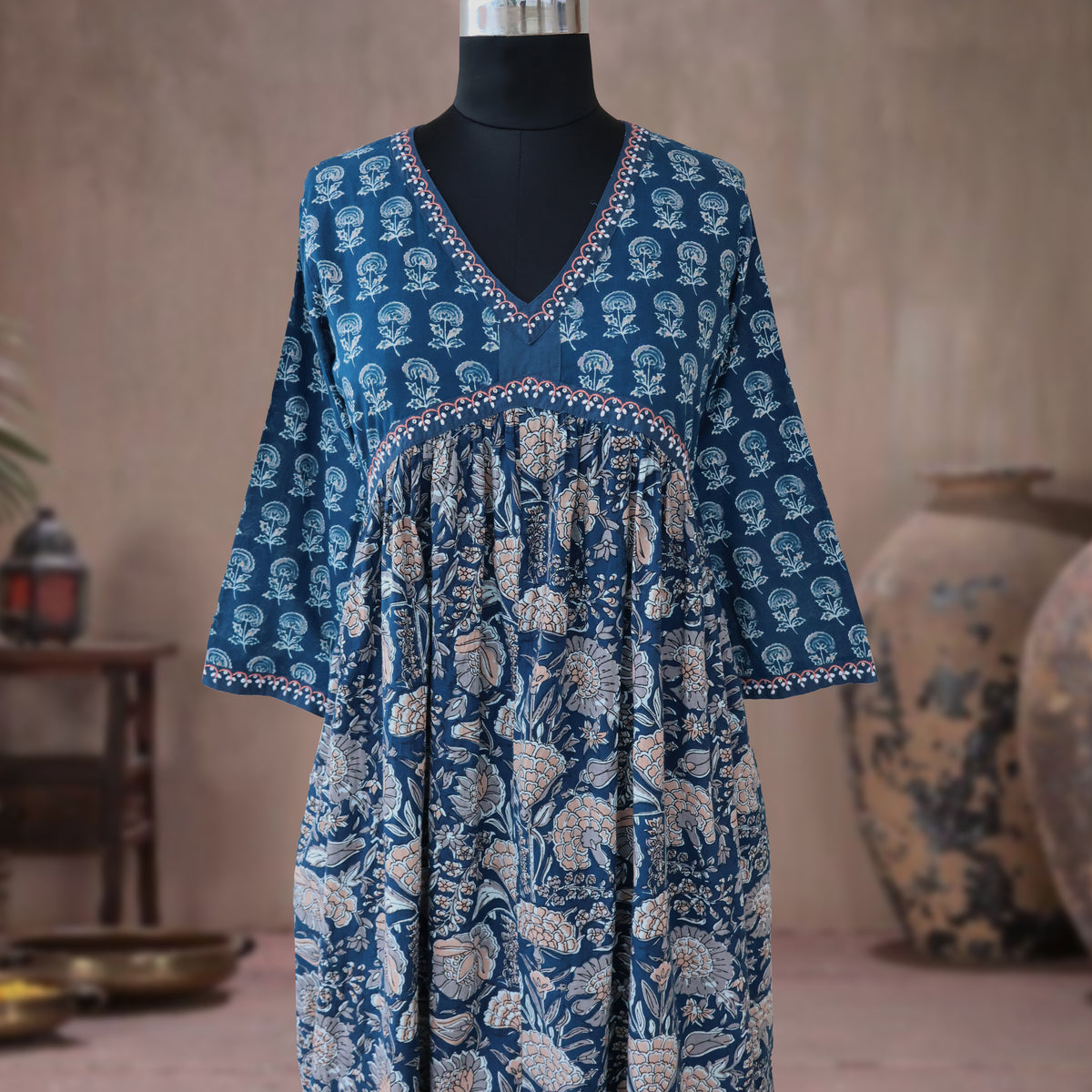 SRISHTI Pure Cotton Block Print, Red Long Dress Kurta