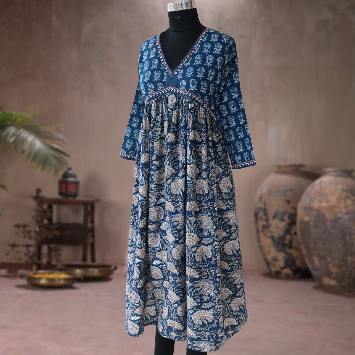 SRISHTI Pure Cotton Block Print, Red Long Dress Kurta
