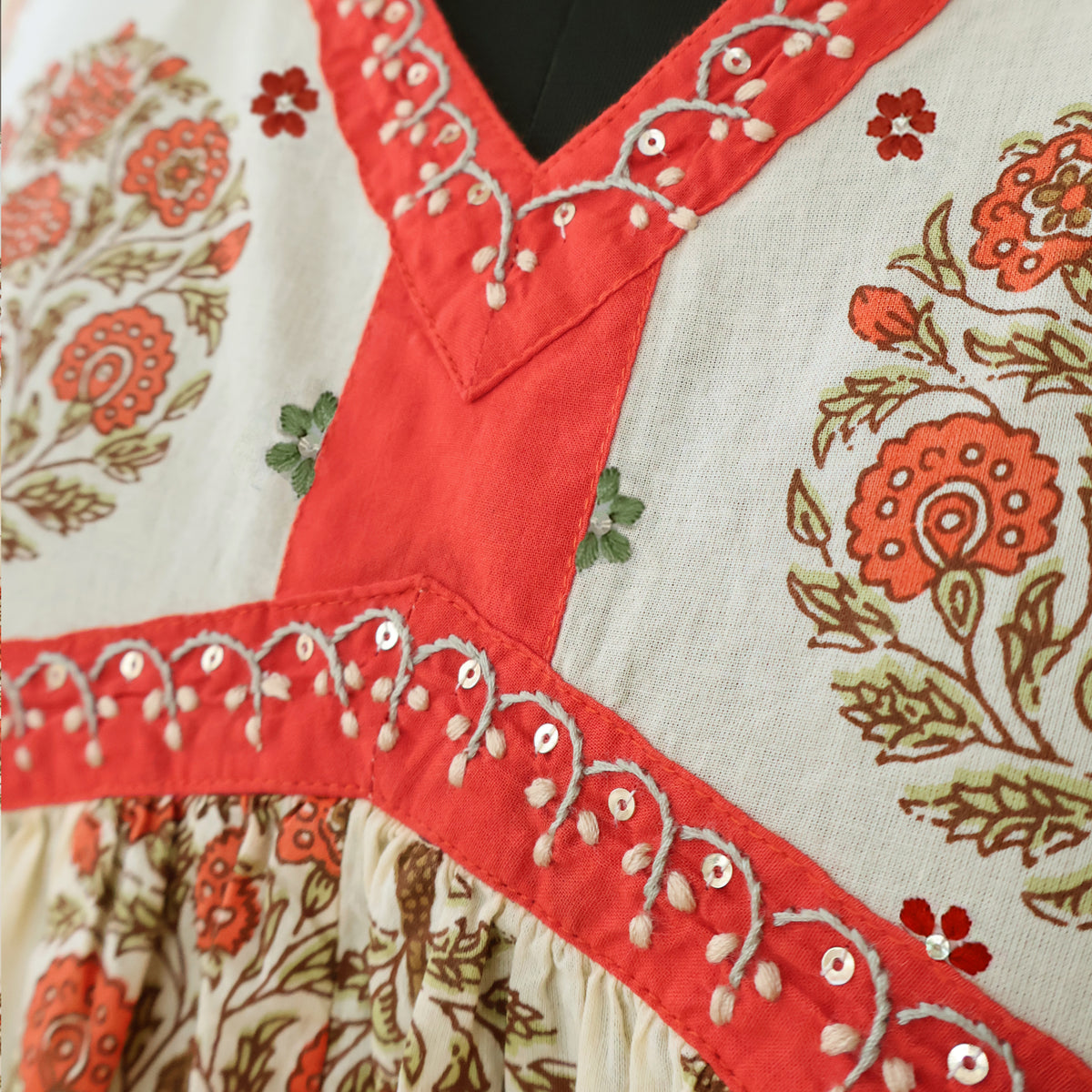 SRISHTI Pure Cotton Block Print, Red Long Dress Kurta