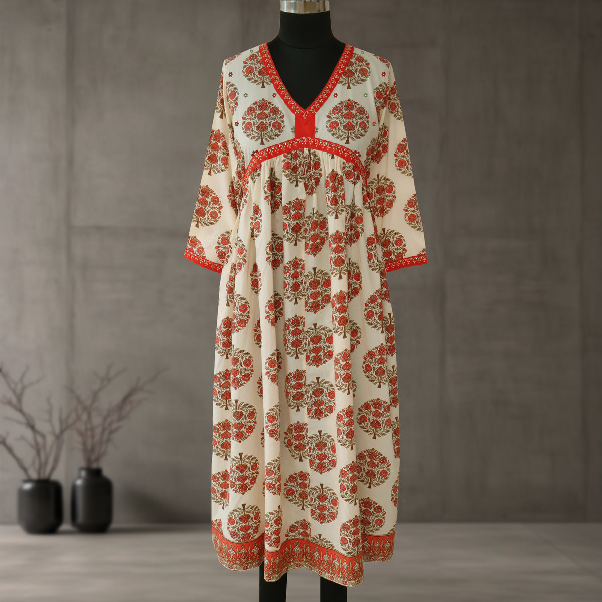 SRISHTI Pure Cotton Block Print, Red Long Dress Kurta
