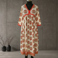 SRISHTI Pure Cotton Block Print, Red Long Dress Kurta