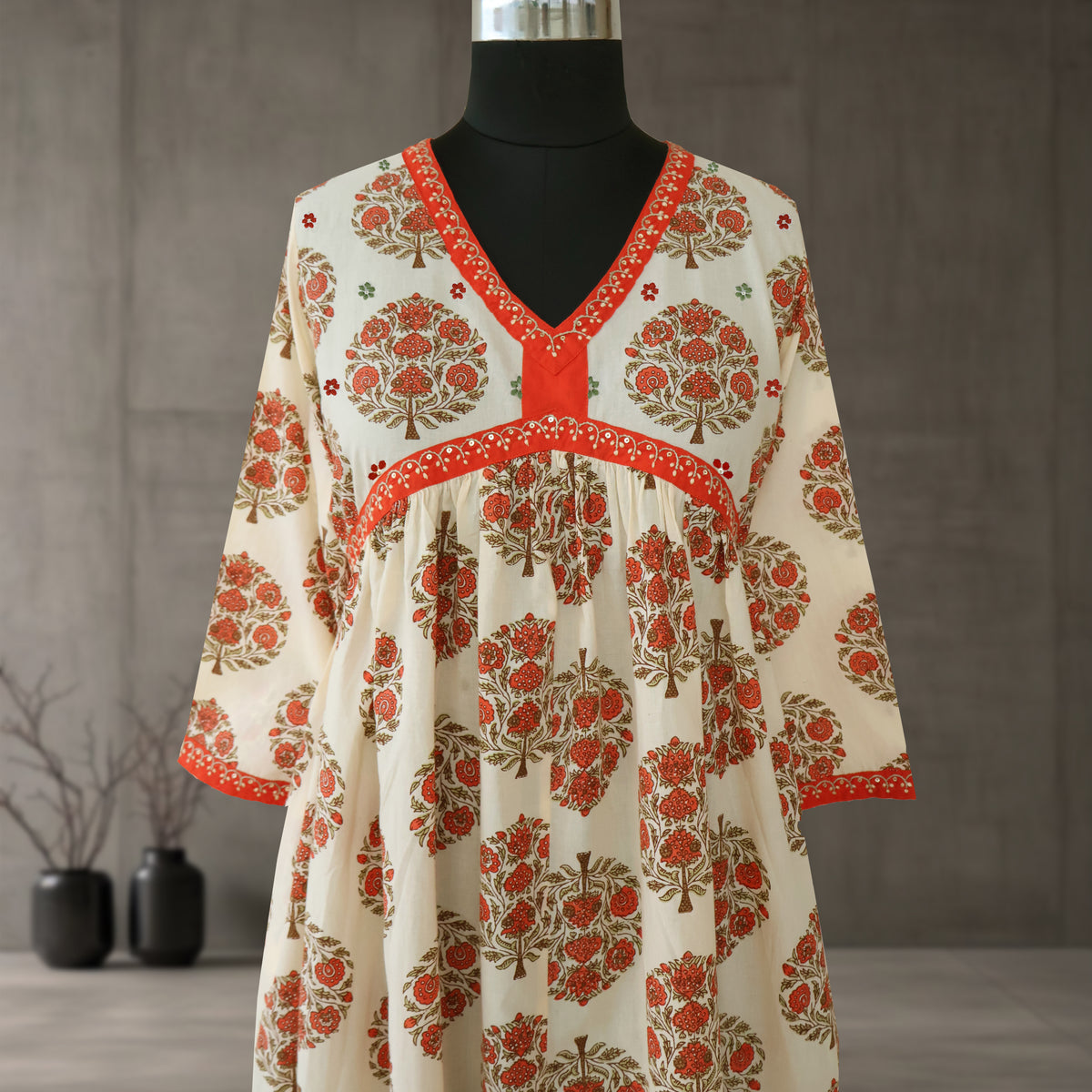 SRISHTI Pure Cotton Block Print, Red Long Dress Kurta