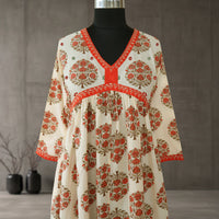 SRISHTI Pure Cotton Block Print, Red Long Dress Kurta