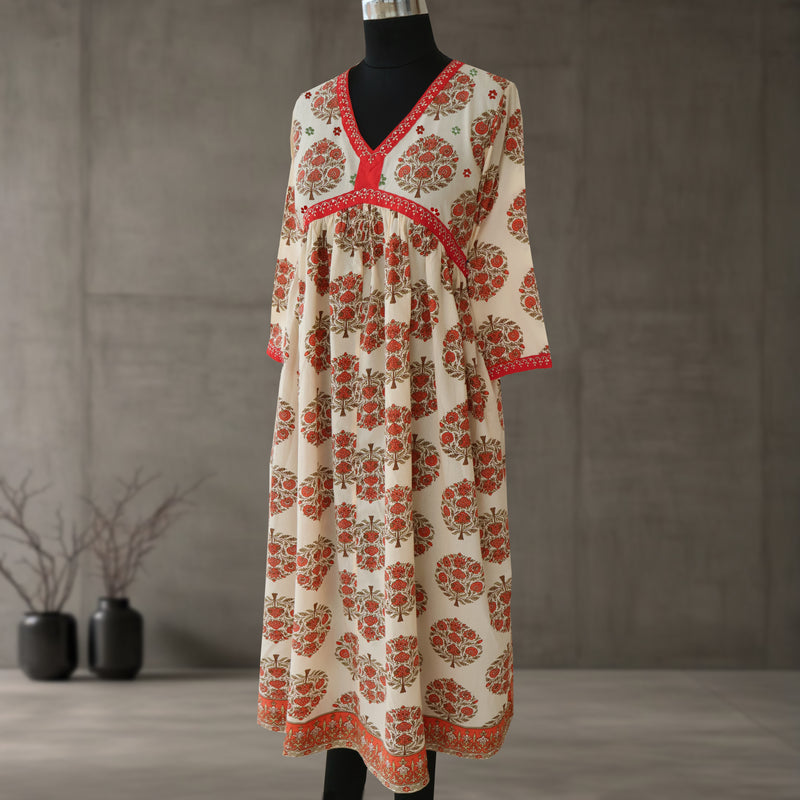 SRISHTI Pure Cotton Block Print, Red Long Dress Kurta