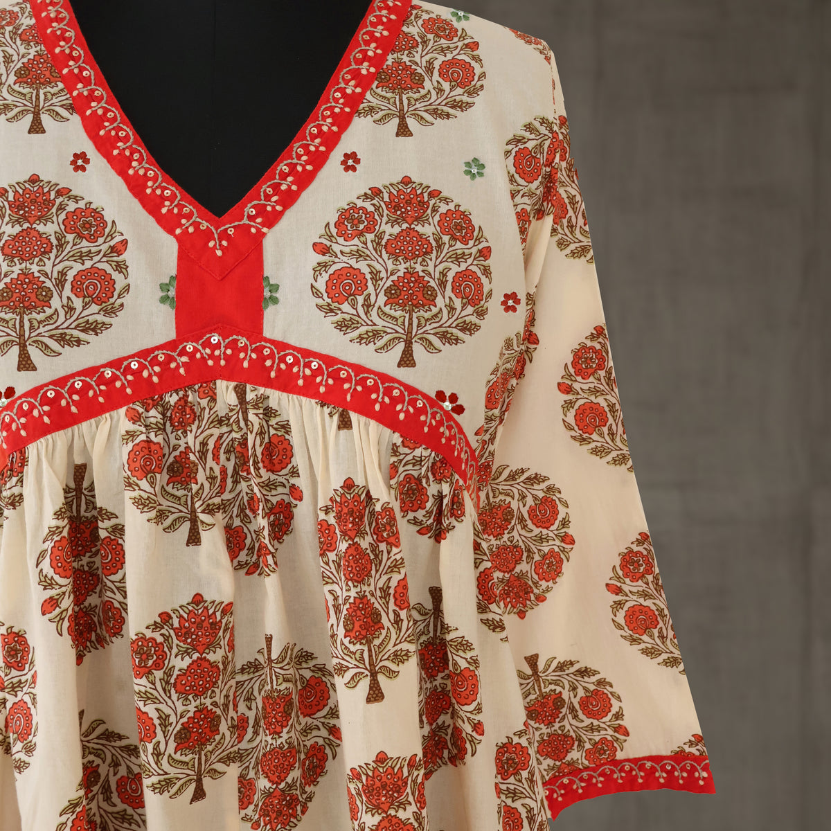 SRISHTI Pure Cotton Block Print, Red Long Dress Kurta