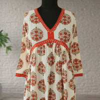 SRISHTI Pure Cotton Block Print, Red Long Dress Kurta
