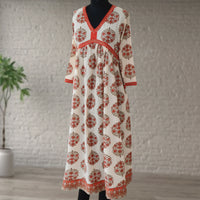SRISHTI Pure Cotton Block Print, Red Long Dress Kurta