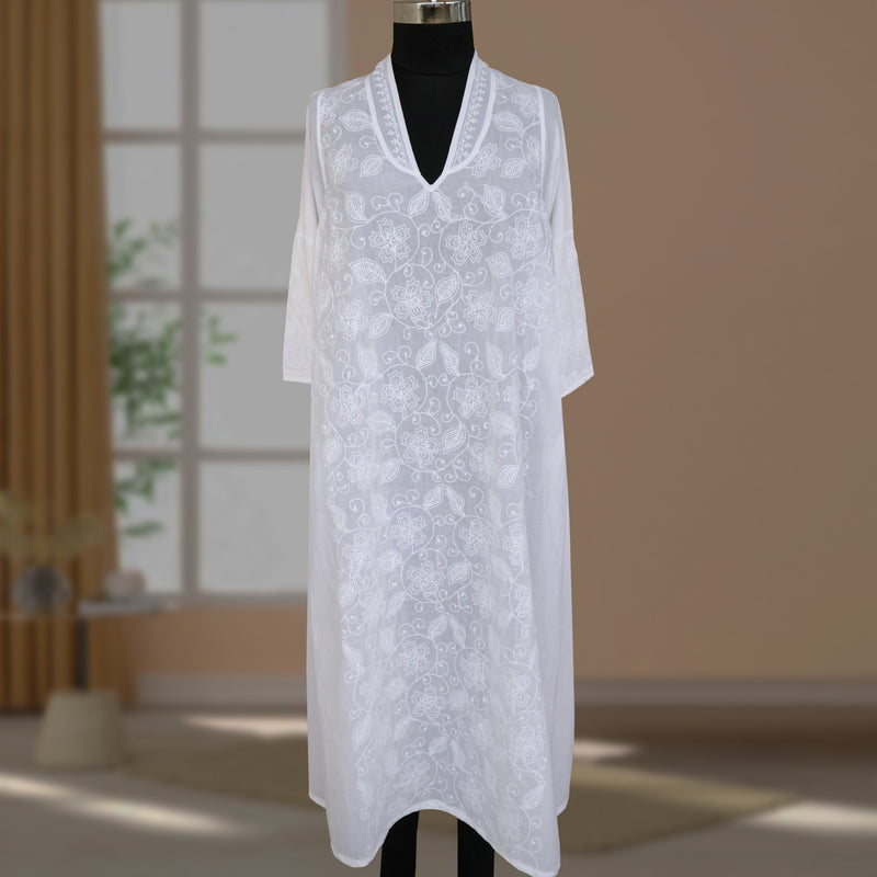 VEDIKA Hand Embroidered Pure Cotton Long Dress Kurta with optional Pants