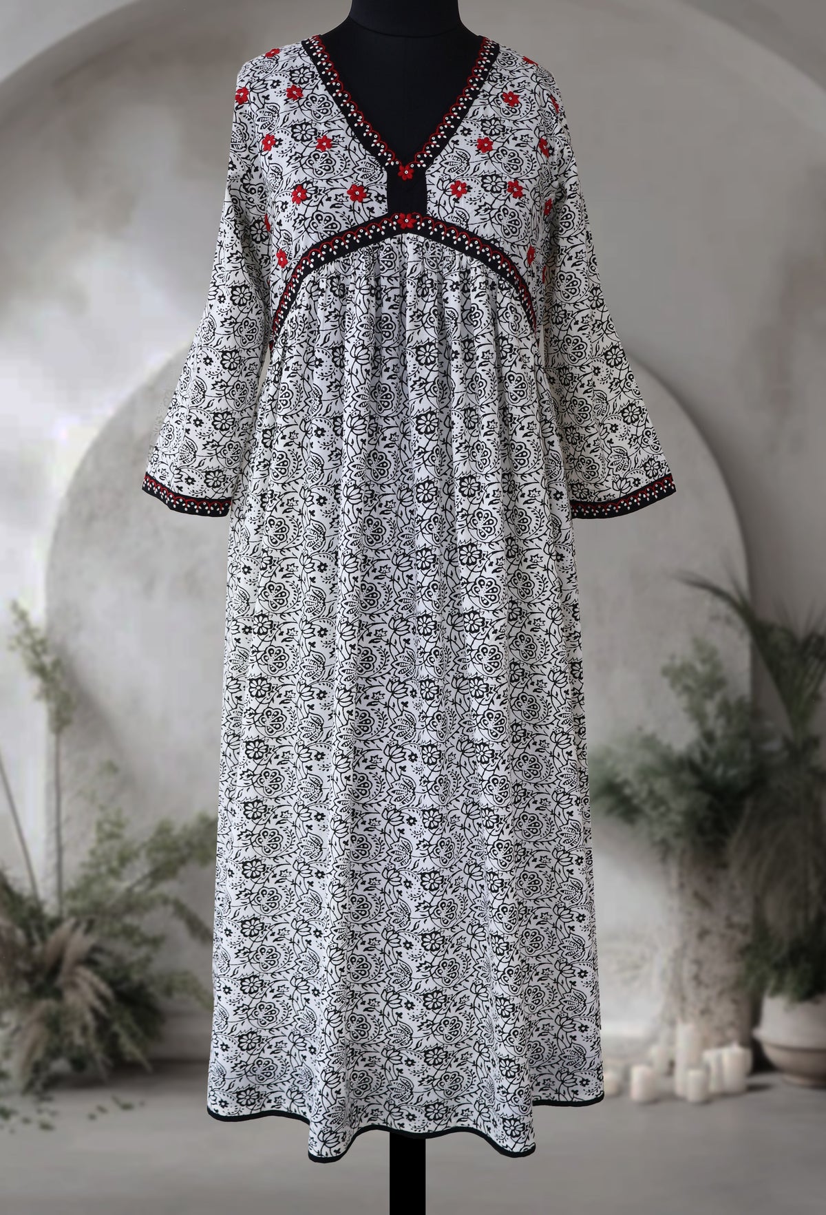 VRISHTI Pure Cotton Block Print, Red Long Dress Kurta