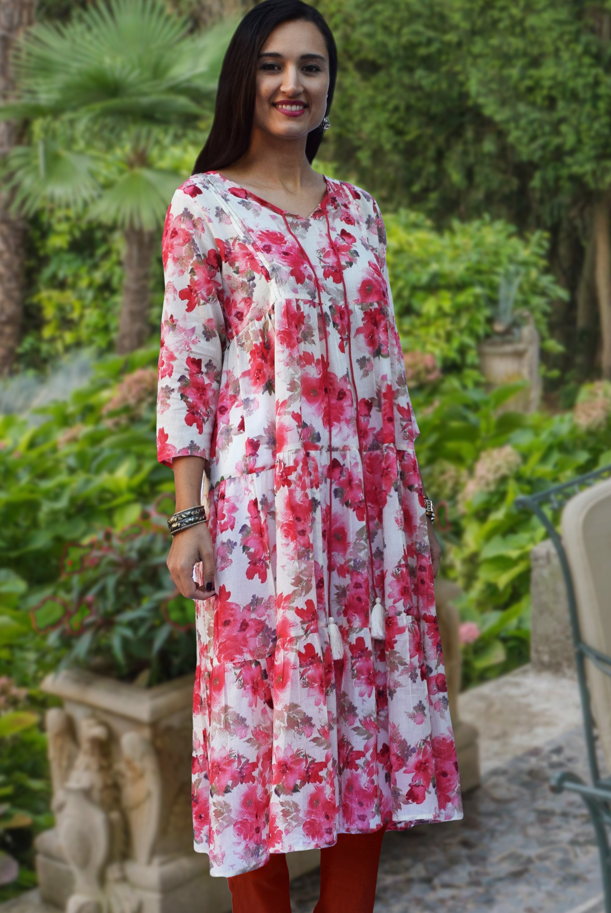 Aira Printed Pure Soft Cotton Tiered Long Tunic Kurta Dress