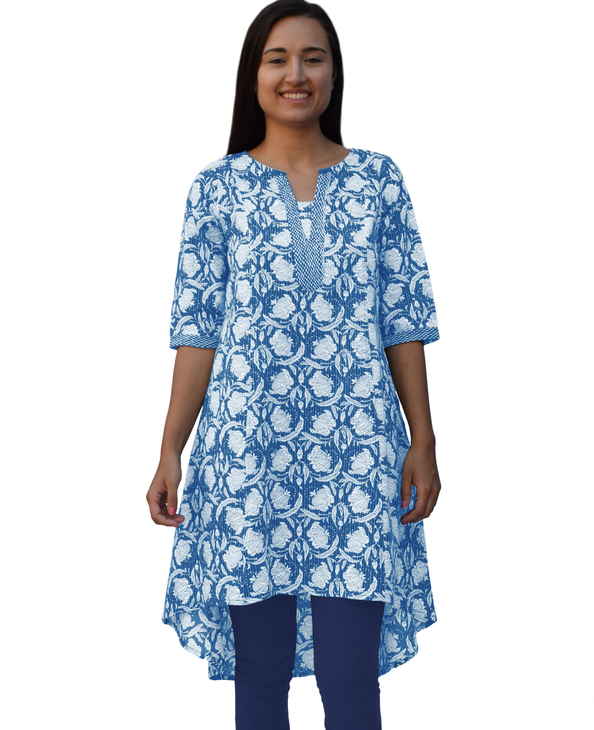 Ara Pure Cotton Embroidered Block Print Style Tunic with High Low Hem ...