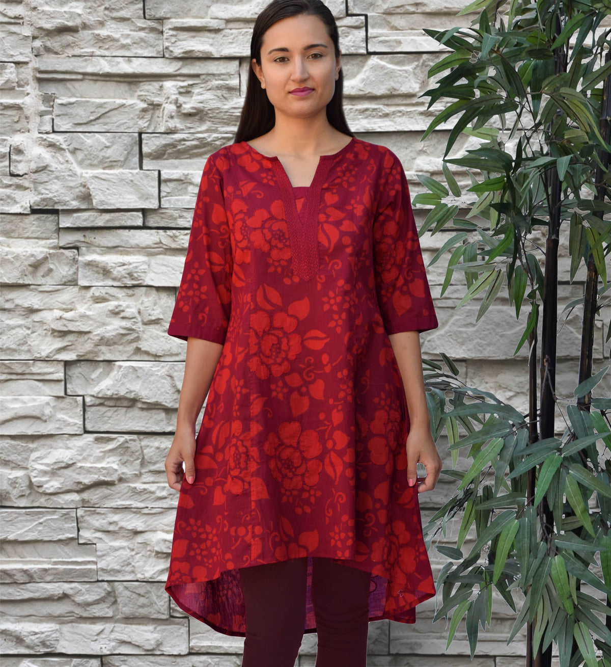 Ara Pure Cotton Embroidered Block Print Style Tunic with High Low Hem