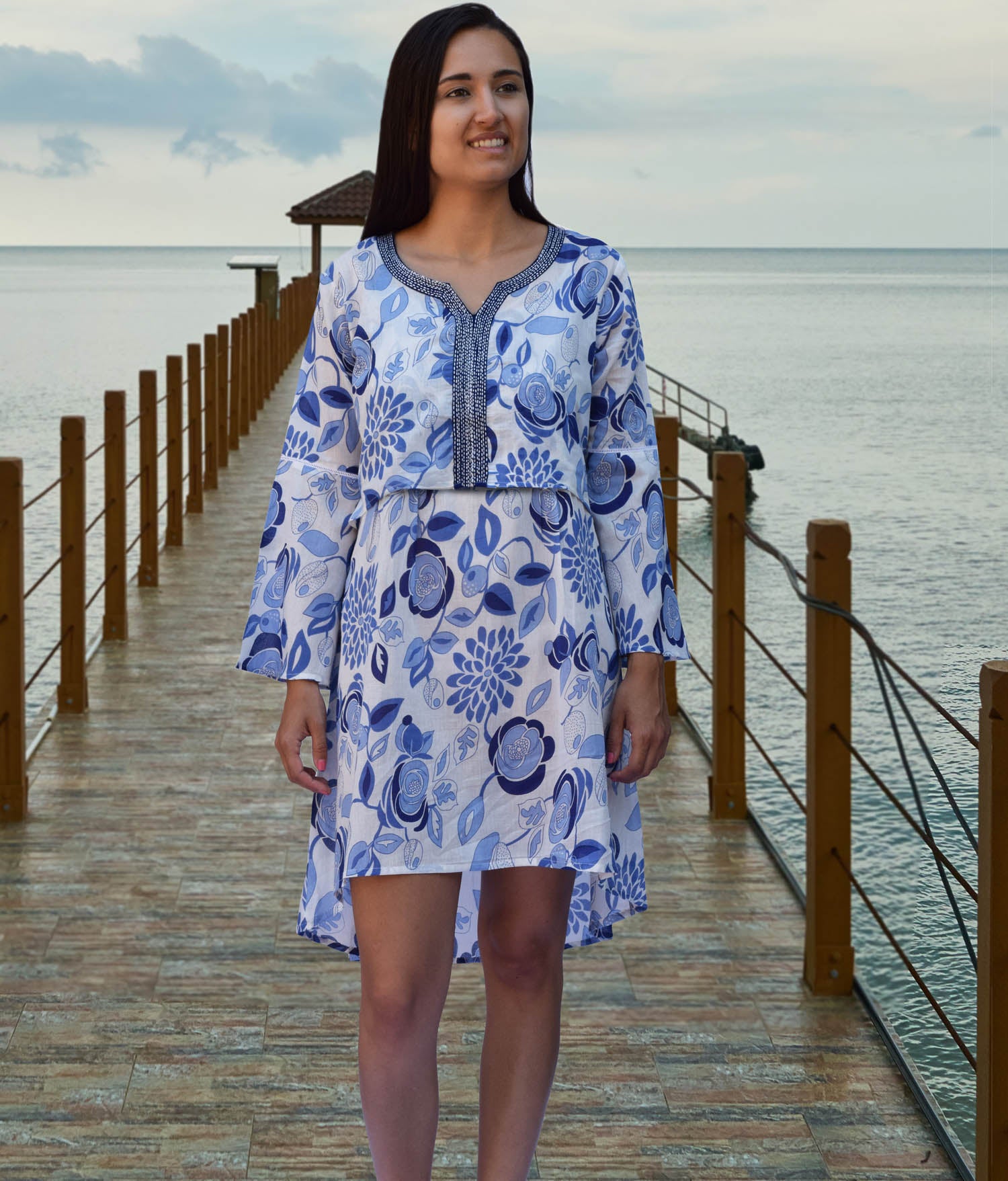 Digital Printed Mulmul Cotton Maxi Dress in Off White and Multicolor :  TKK532