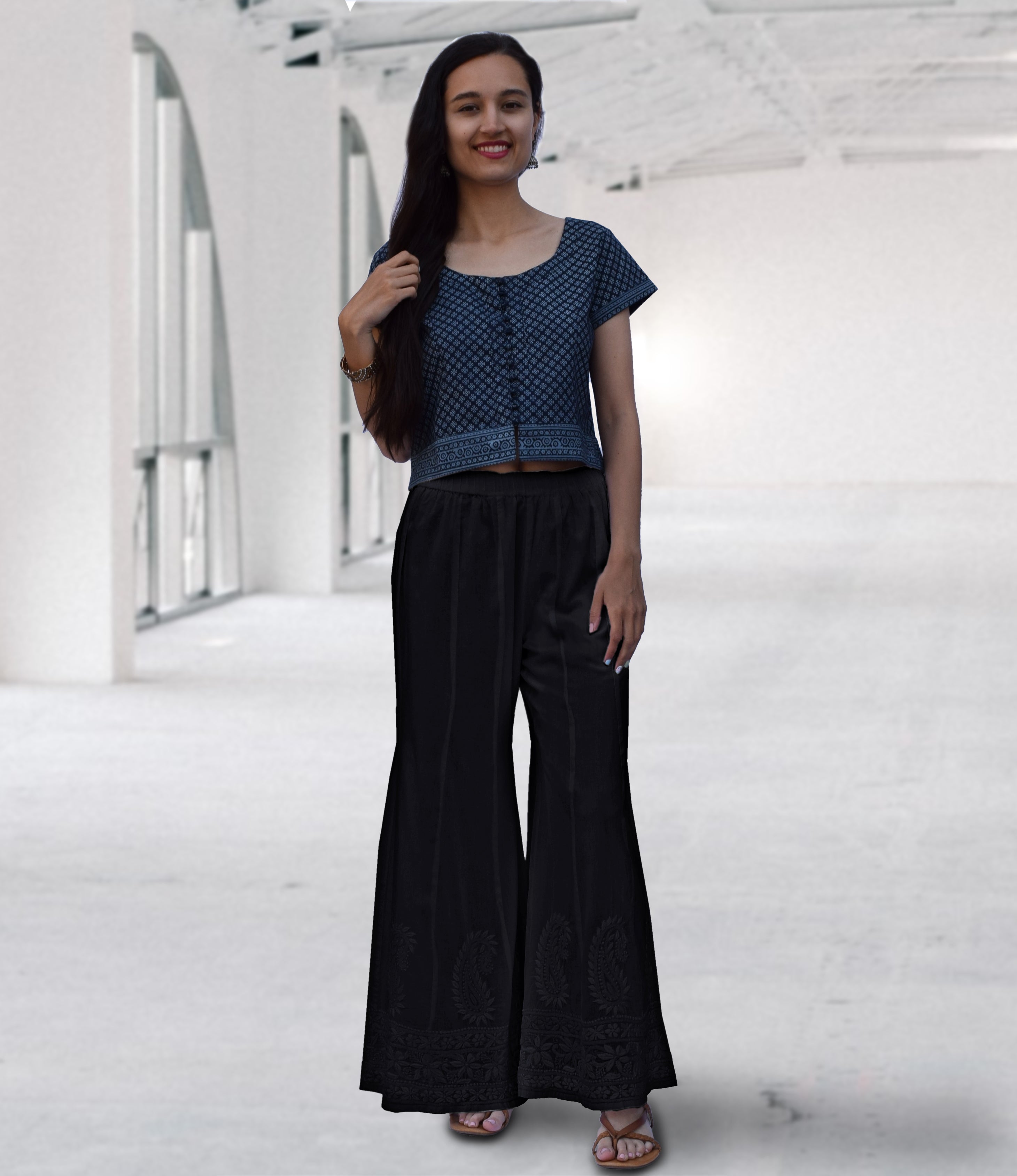 LUNA Pure Cotton Hand Embroidered wide Flared Bottom palazzo