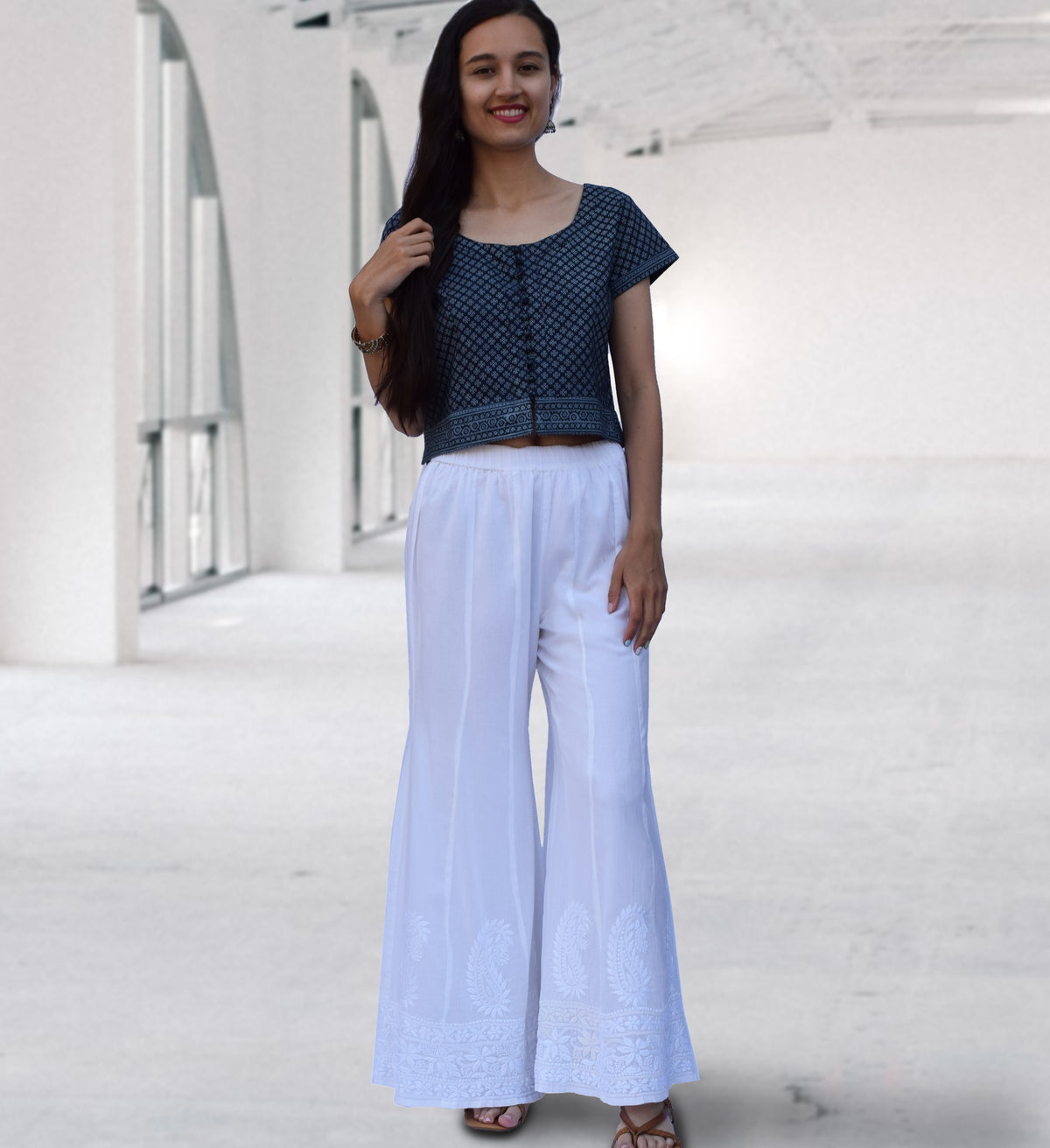 LUNA Pure Cotton Hand Embroidered wide Flared Bottom palazzo Pants