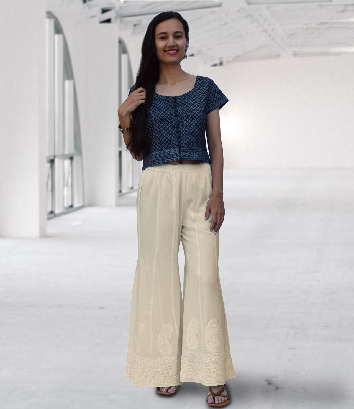 Balerno Elasticated Waist Palazzo Trousers Navy Silk - Welcome to