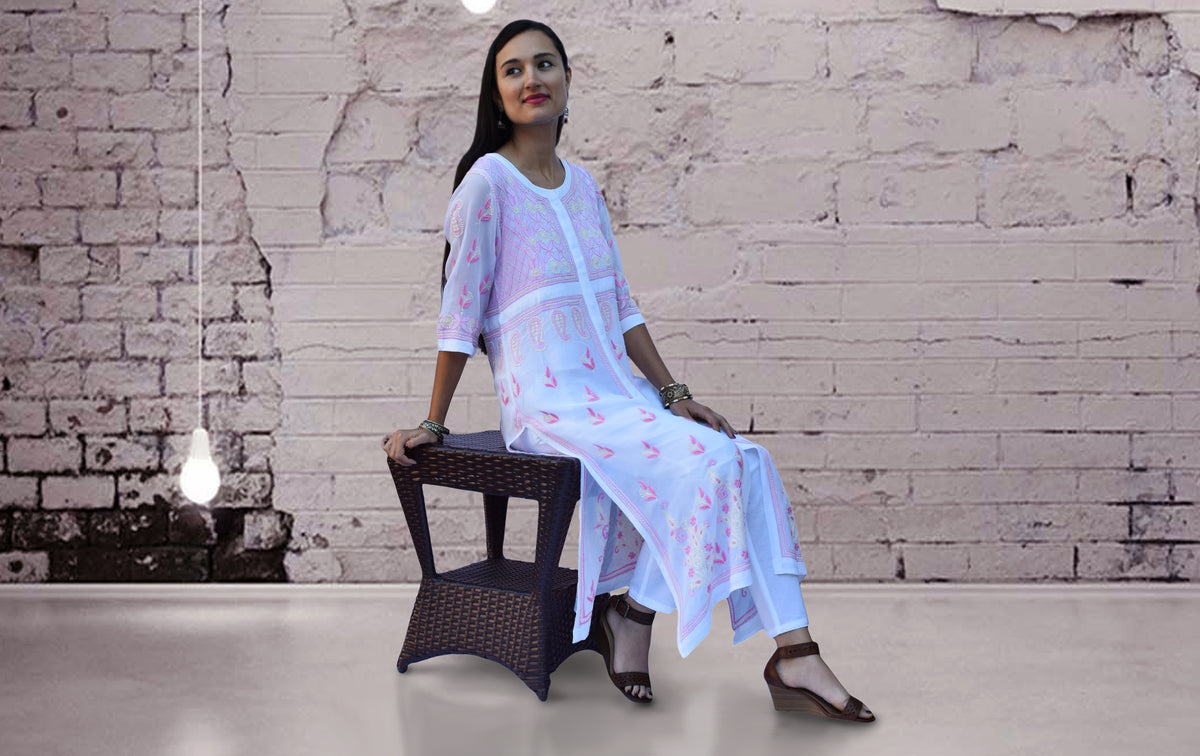 IKANA Georgette Embroidered Long Tunic Kurta Dress; Made to Order/Customizable