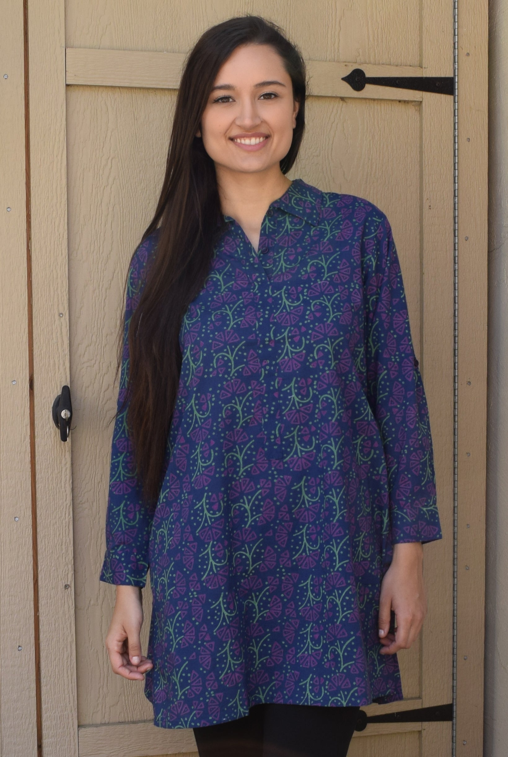 Madhuri block printed cotton tunic top kurti blouse indigo mauve