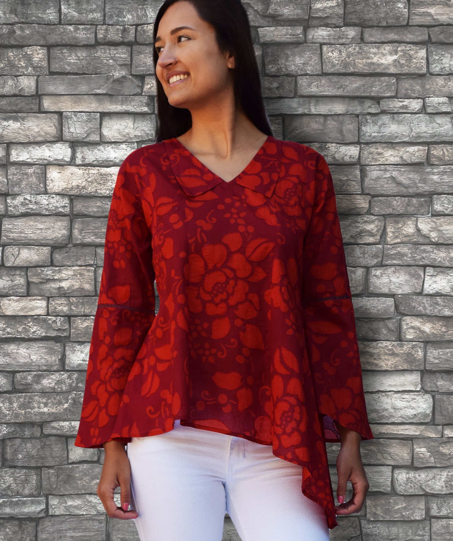 NORA Printed Soft Cotton Hand Embroidered Uneven Hem Tunic Top