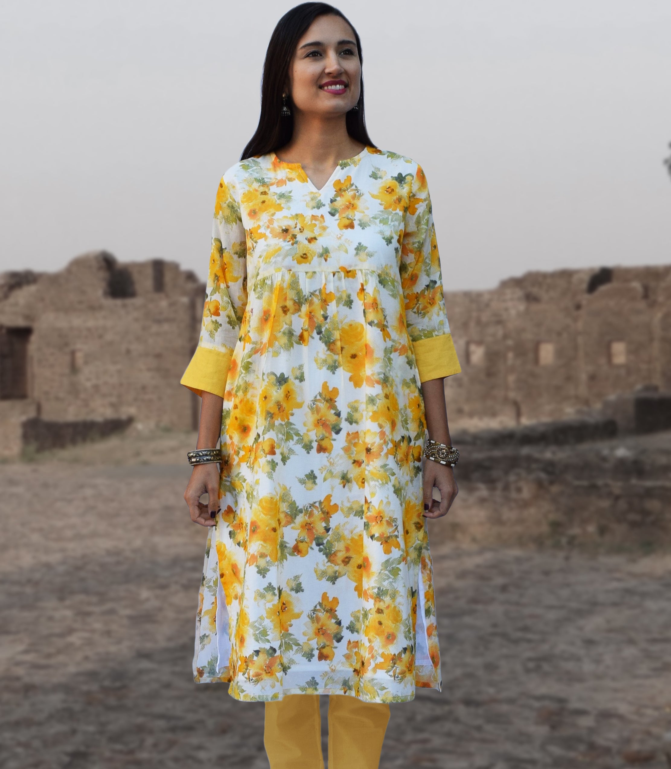 Yellow Floral Kurti With Pant And Dupatta Set .Pure Versatile Cotton. |  Laces and Frills | Laces and Frills