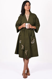 PALKI Cotton-Linen Hand Embroidered Stylish Lounge Robe: Made to Order/Customizable