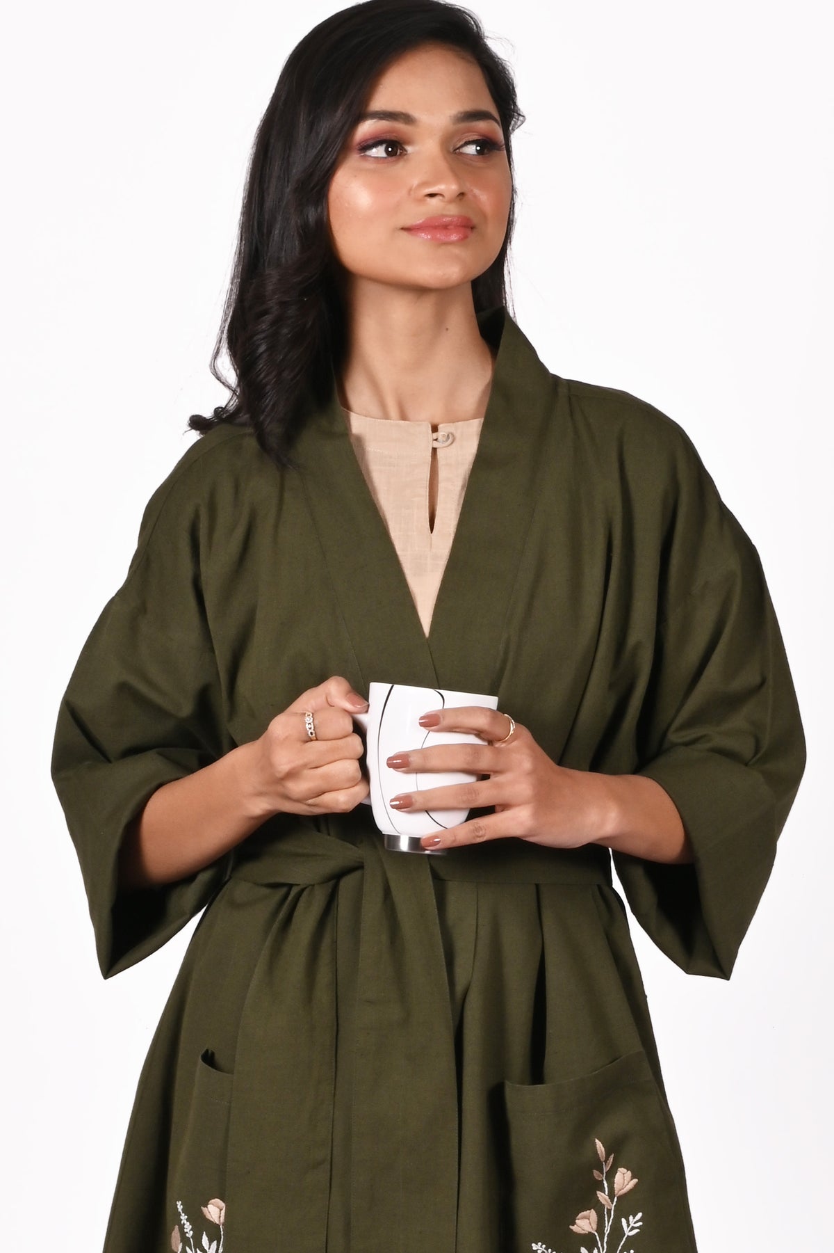 PALKI Cotton-Linen Hand Embroidered Stylish Lounge Robe: Made to Order/Customizable