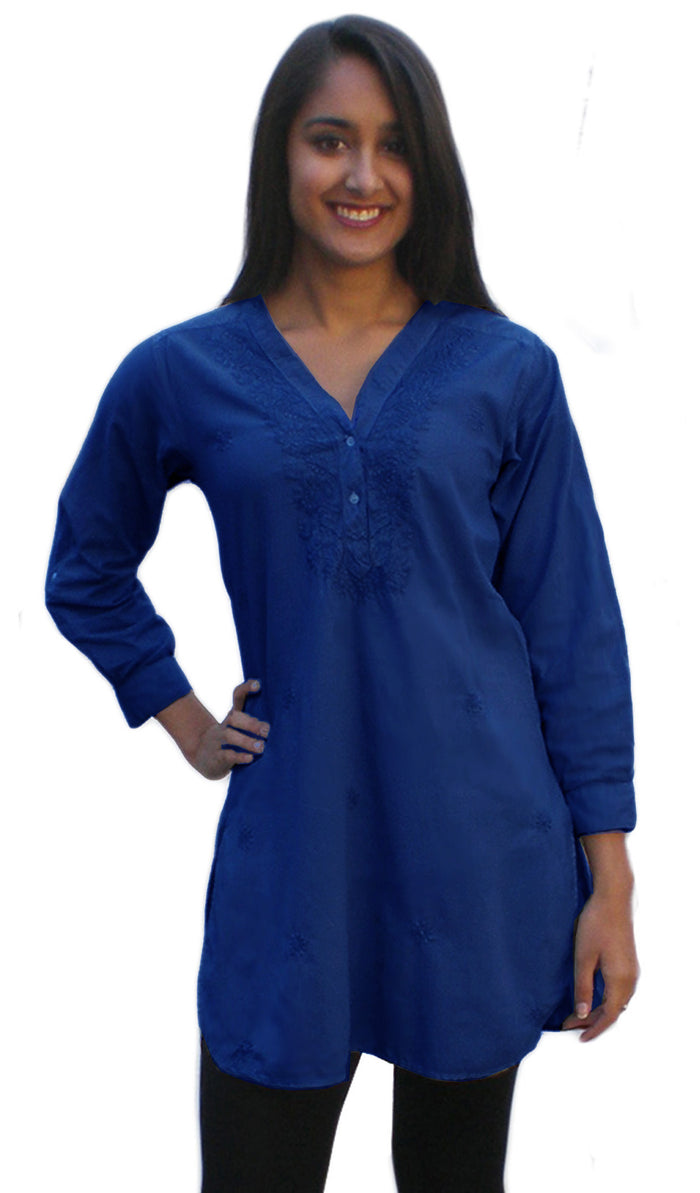 Blue printed and hand embroidered cotton tunic main image 1