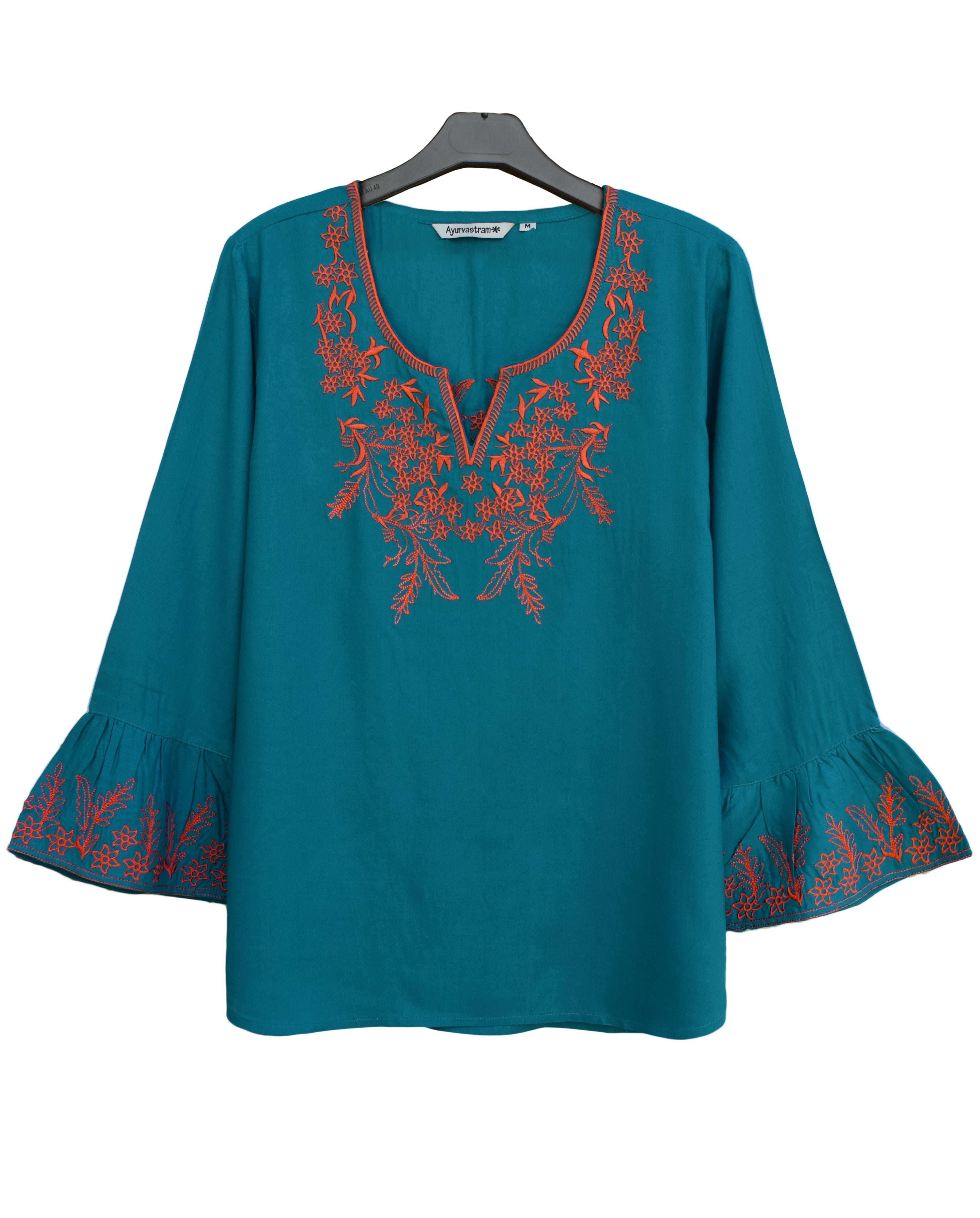 Tia Embroidered Viscose Rayon Blouse with Bell Sleeves – Ayurvastram