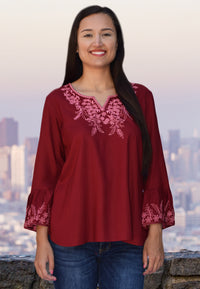 Tia Embroidered Viscose Rayon Blouse with Bell Sleeves
