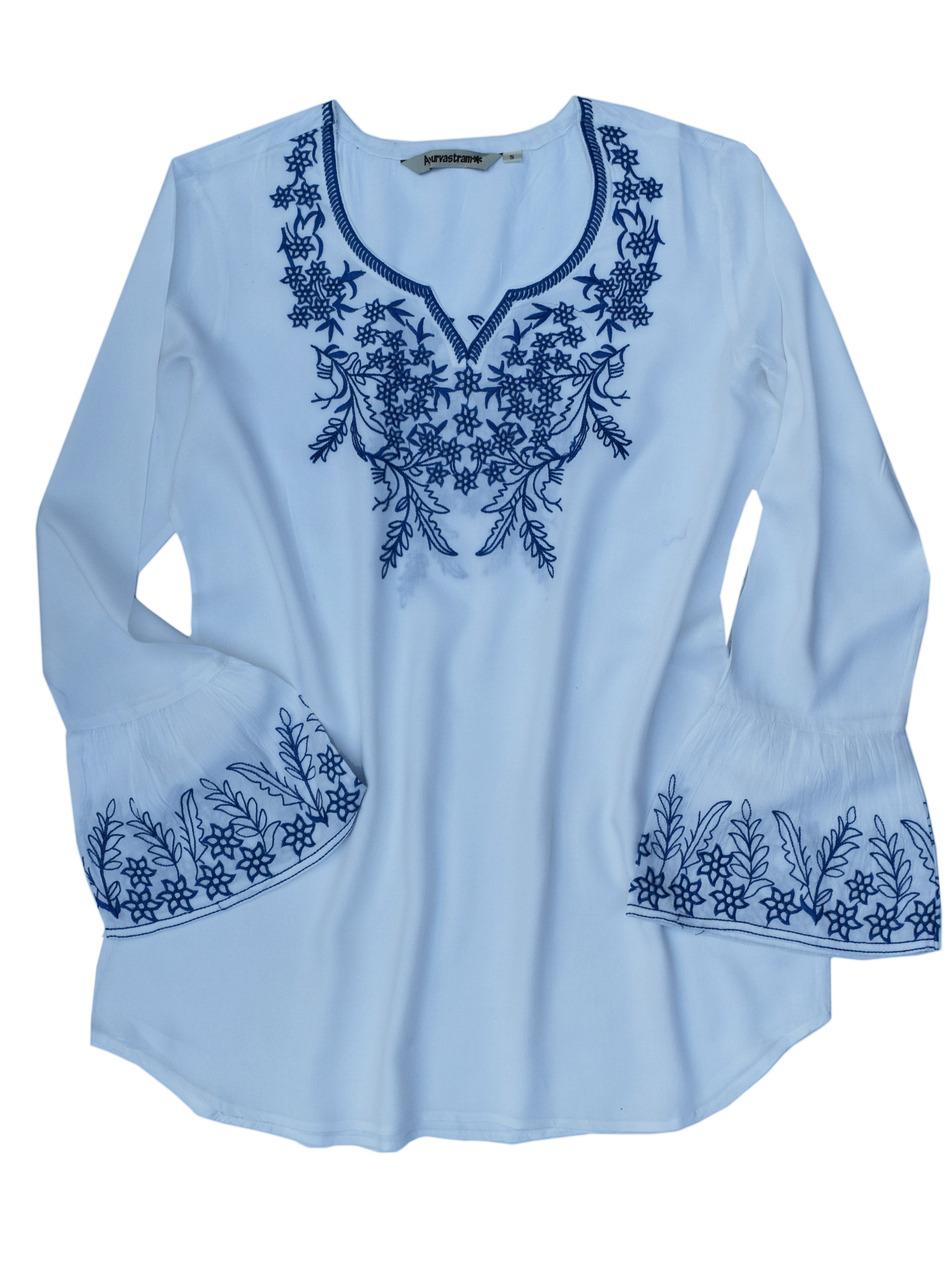 Tia Embroidered Viscose Rayon Blouse with Bell Sleeves – Ayurvastram