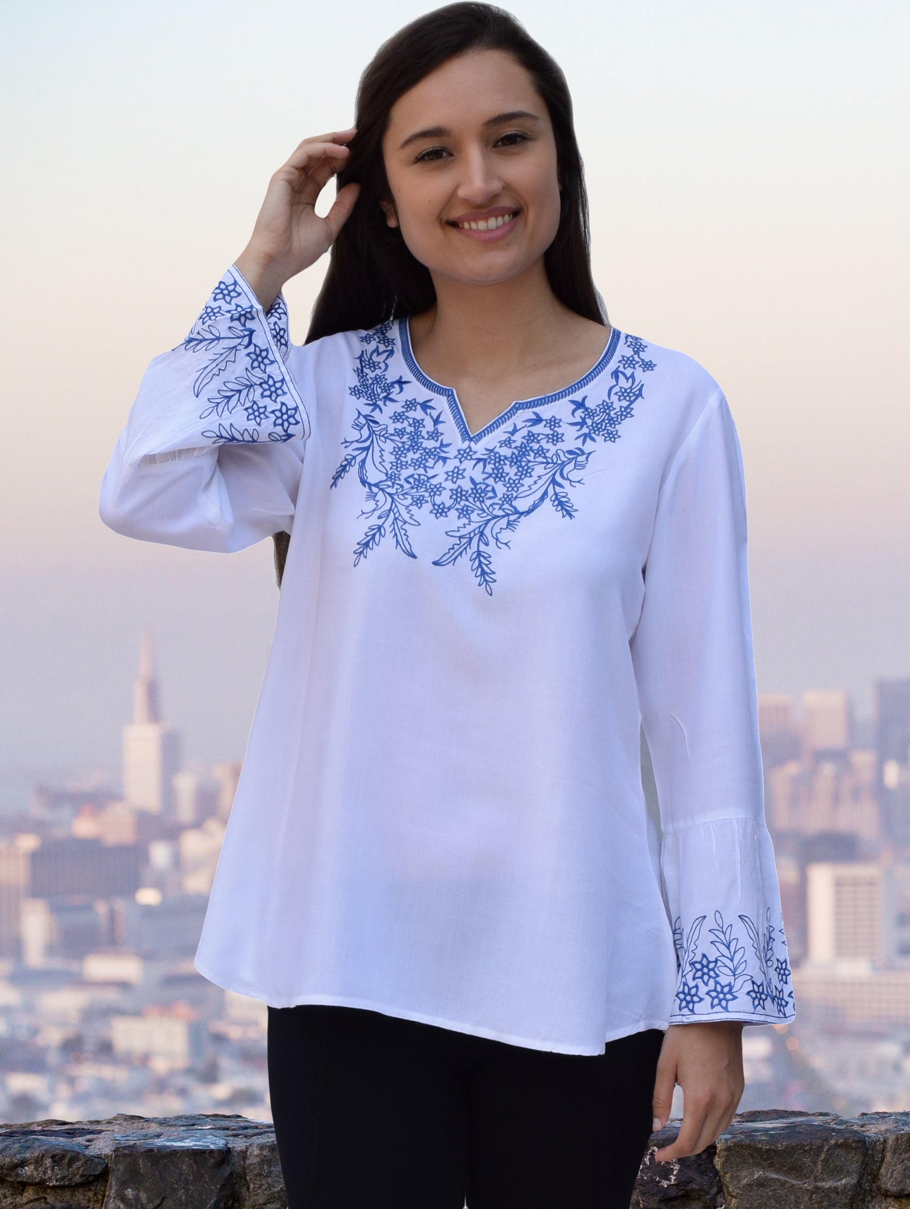 Tia Embroidered Viscose Rayon Blouse with Bell Sleeves – Ayurvastram