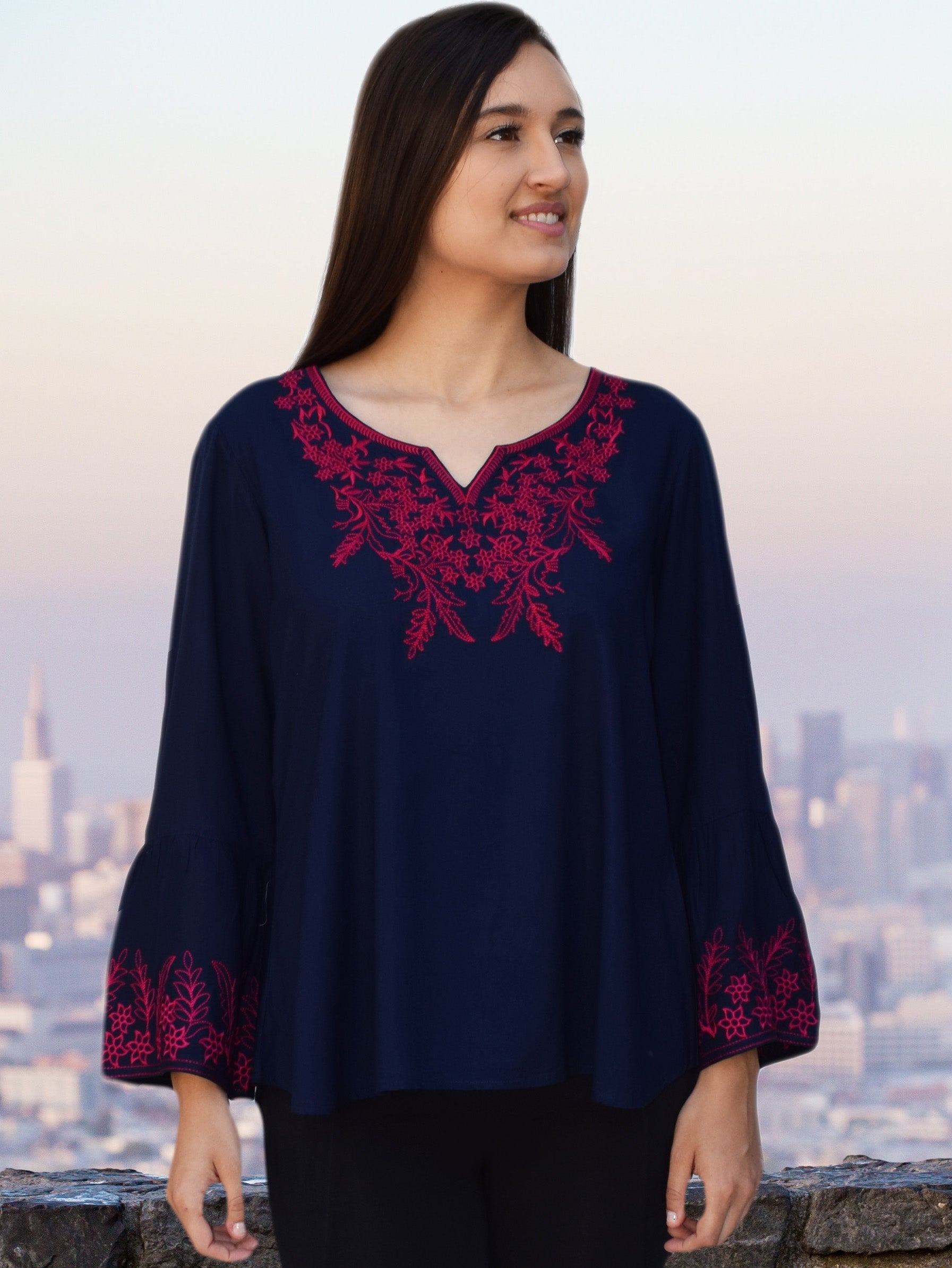 Tia Embroidered Viscose Rayon Blouse with Bell Sleeves – Ayurvastram